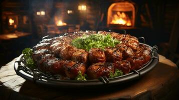 Grilled sausages with spices and vegetables on a wooden table.  AI Generative photo