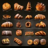 Assortment of sweet pastries on a wooden background, top view. AI Generative photo