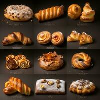 Assortment of sweet pastries on a wooden background, top view. AI Generative photo