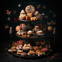 Cake stand with different kinds of cakes and cookies on dark background. AI Generative photo