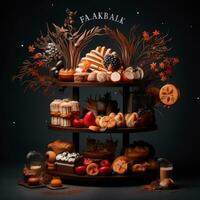 Cake stand with different kinds of cakes and cookies on dark background. AI Generative photo