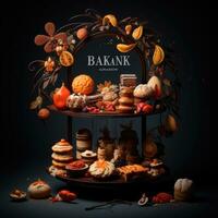 Cake stand with different kinds of cakes and cookies on dark background. AI Generative photo