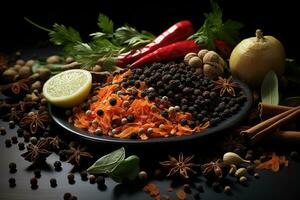 Spices and herbs on a black background. Food and cuisine ingredients. AI Generative photo