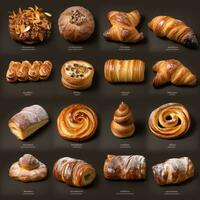 Assortment of sweet pastries on a wooden background, top view. AI Generative photo