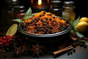 Spices and herbs on a black background. Food and cuisine ingredients. AI Generative photo