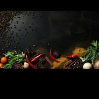 Various spices and herbs on black wooden background. Top view with copy space. AI Generative photo