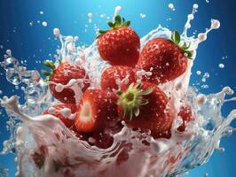 Strawberries in milk splashing on blue background, closeup. AI Generative photo