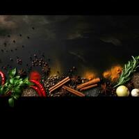 Various spices and herbs on black wooden background. Top view with copy space. AI Generative photo