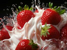 Strawberries in milk splashing on black background, closeup. AI Generative photo