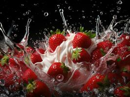 Strawberries in milk splashing on black background, closeup. AI Generative photo