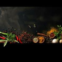 Various spices and herbs on black wooden background. Top view with copy space. AI Generative photo