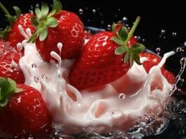 Strawberries in milk splashing on black background, closeup. AI Generative photo