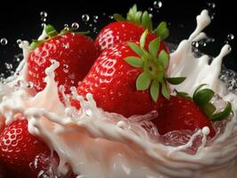 Strawberries in milk splashing on black background, closeup. AI Generative photo