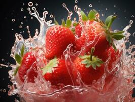 Strawberries in milk splashing on black background, closeup. AI Generative photo