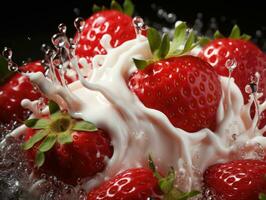 Strawberries in milk splashing on black background, closeup. AI Generative photo