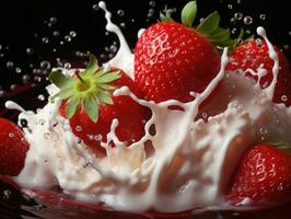 Strawberries in milk splashing on black background, closeup. AI Generative photo