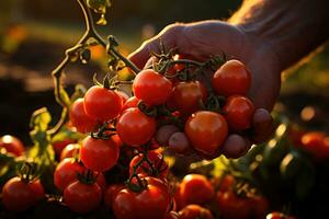 Close up of farmer's hands holding fresh tomatoes on the field at sunset. AI Generative photo