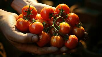 Close up of farmer's hands holding fresh tomatoes on the field at sunset. AI Generative photo