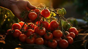 Close up of farmer's hands holding fresh tomatoes on the field at sunset. AI Generative photo