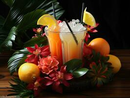 Tropical fruits with leafs and mixed fruit juice in a long glass with ice.  AI Generative photo