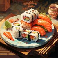 Sushi set with salmon, tuna, shrimp, avocado, cucumber, wasabi, ginger and soy sauce. AI Generative photo