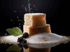 Composition with pile of sugar cubes and blackberries on black background. AI Generative photo