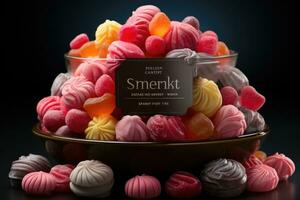 Colorful sweets in bowl with raspberries, chocolate candies and cookies. AI Generative photo