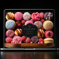 Colorful sweets on laptop screen with raspberries, chocolate candies and cookies AI Generative photo