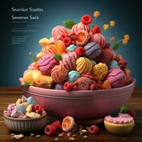 Colorful sweets in bowl with raspberries, chocolate candies and cookies. AI Generative photo