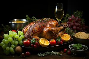 Roasted whole chicken with vegetables and glass of white wine on wooden table. Thanksgiving dinner. AI Generative photo