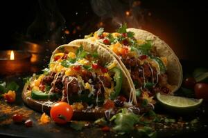 Tasty tacos with meat and vegetables on dark background, closeup. AI Generative photo