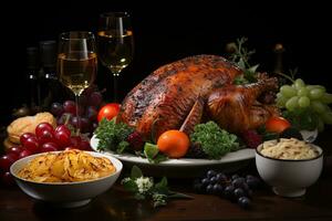 Roasted whole chicken with vegetables and glass of white wine on wooden table. Thanksgiving dinner. AI Generative photo