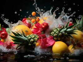 Fruit splashing into water on a black background. Mixed fruits. AI Generative photo