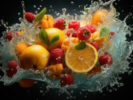 Fruit splashing into water on a black background. Mixed fruits. AI Generative photo