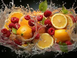 Fruit splashing into water on a black background. Mixed fruits. AI Generative photo