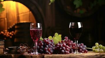 Still life with red wine, grapes and old barrel on wooden background. AI Generative photo