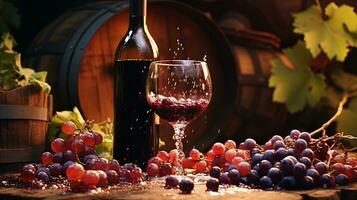 Still life with red wine, grapes and old barrel on wooden background. AI Generative photo