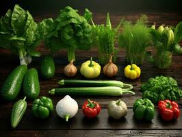 Composition with variety of raw vegetables on wooden table. Balanced diet. AI Generative photo