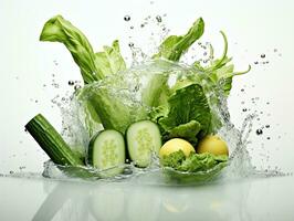 Fresh vegetables in water splash isolated on white background. Healthy food concept. AI Generative photo