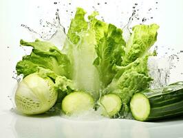 Fresh vegetables in water splash isolated on white background. Healthy food concept. AI Generative photo