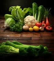 Composition with variety of raw vegetables on wooden table. Balanced diet. With copy space. AI Generative photo