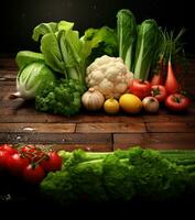 Composition with variety of raw vegetables on wooden table. Balanced diet. With copy space. AI Generative photo