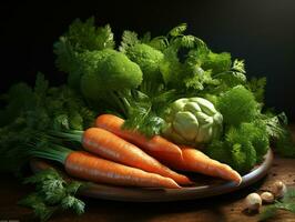 Composition with variety of raw vegetables on wooden table. Balanced diet. AI Generative photo