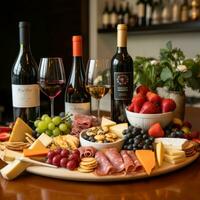 ntipasto table with wine, cheese and crackers. cheese platter with grapes, prosciutto and wine. AI Generative photo