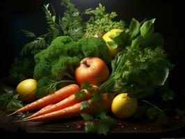 Composition with variety of raw vegetables on wooden table. Balanced diet. AI Generative photo