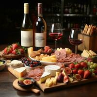 ntipasto table with wine, cheese and crackers. cheese platter with grapes, prosciutto and wine. AI Generative photo