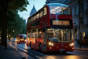 Red double decker bus in the London city photo
