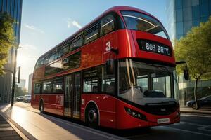 Red double decker bus in the London city photo