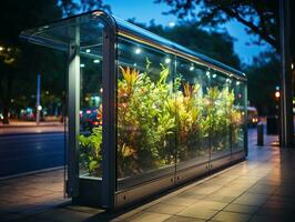 Empty bus stop in the city photo