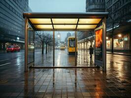 Empty bus stop in the city photo